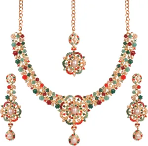 Touchstone Indian Bollywood Desire Enchanting Floral Diamond Studded Look Rhinestone Bridal Designer Jewelry Necklace Set In Gold or White Tone For Women.