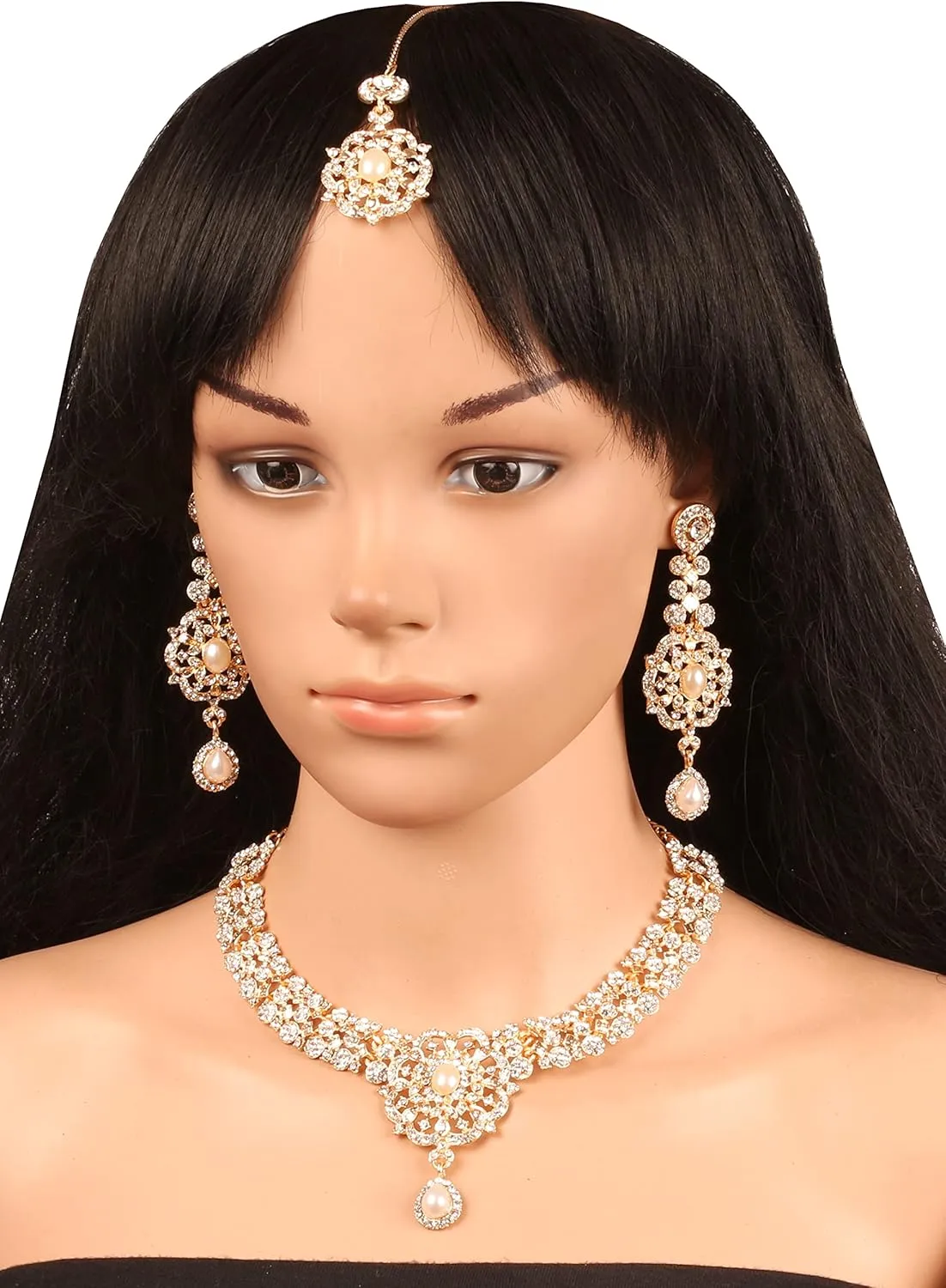 Touchstone Indian Bollywood Desire Enchanting Floral Diamond Studded Look Rhinestone Bridal Designer Jewelry Necklace Set In Gold or White Tone For Women.