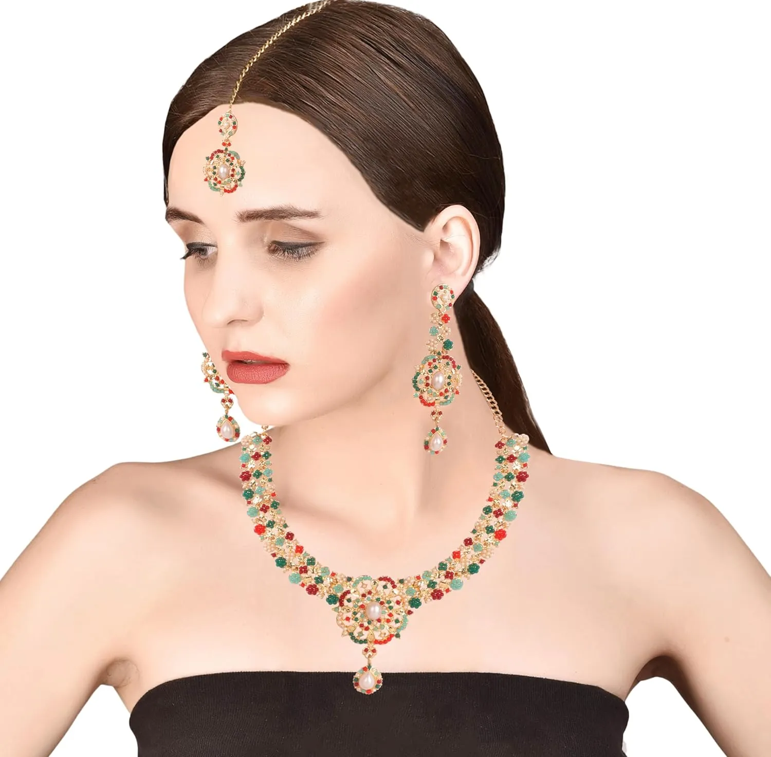 Touchstone Indian Bollywood Desire Enchanting Floral Diamond Studded Look Rhinestone Bridal Designer Jewelry Necklace Set In Gold or White Tone For Women.
