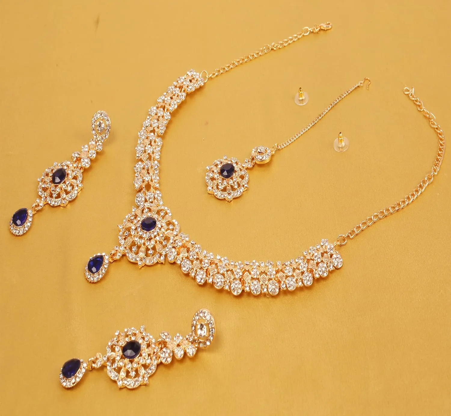 Touchstone Indian Bollywood Desire Enchanting Floral Diamond Studded Look Rhinestone Bridal Designer Jewelry Necklace Set In Gold or White Tone For Women.