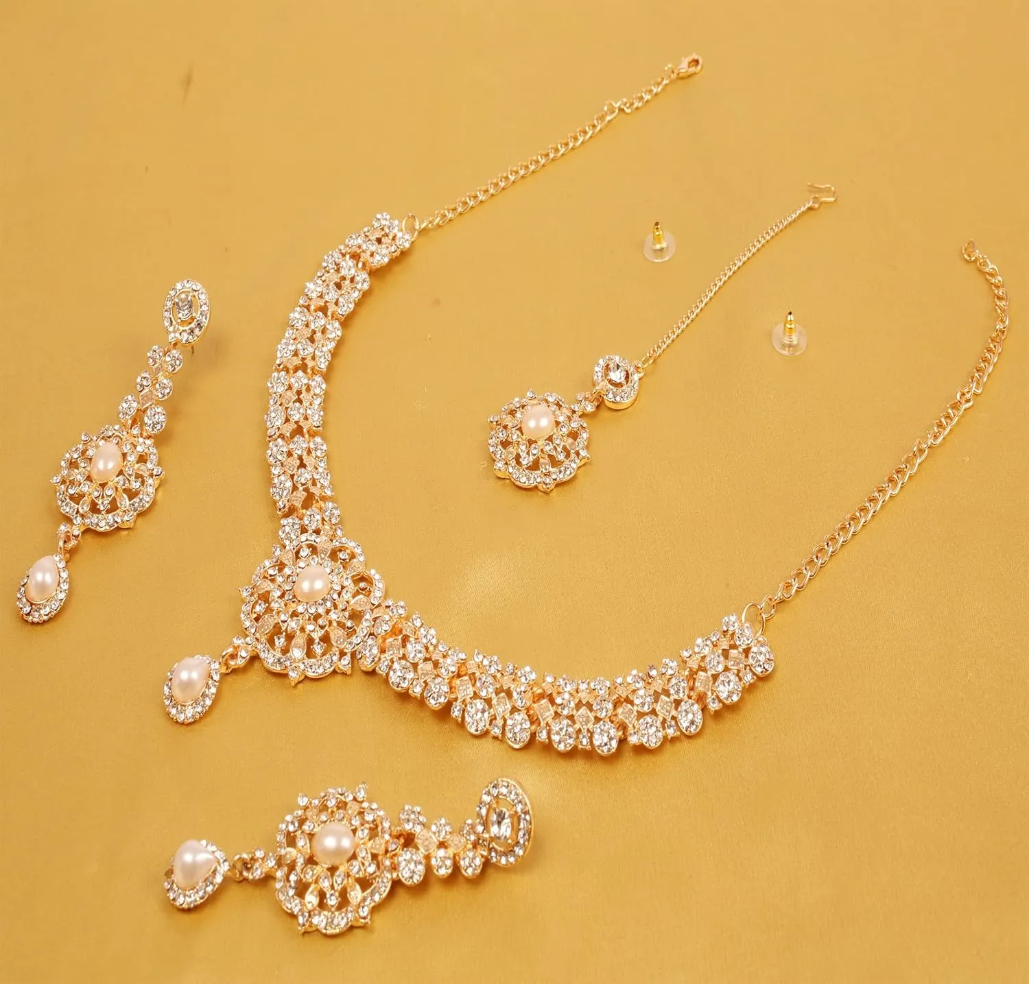 Touchstone Indian Bollywood Desire Enchanting Floral Diamond Studded Look Rhinestone Bridal Designer Jewelry Necklace Set In Gold or White Tone For Women.