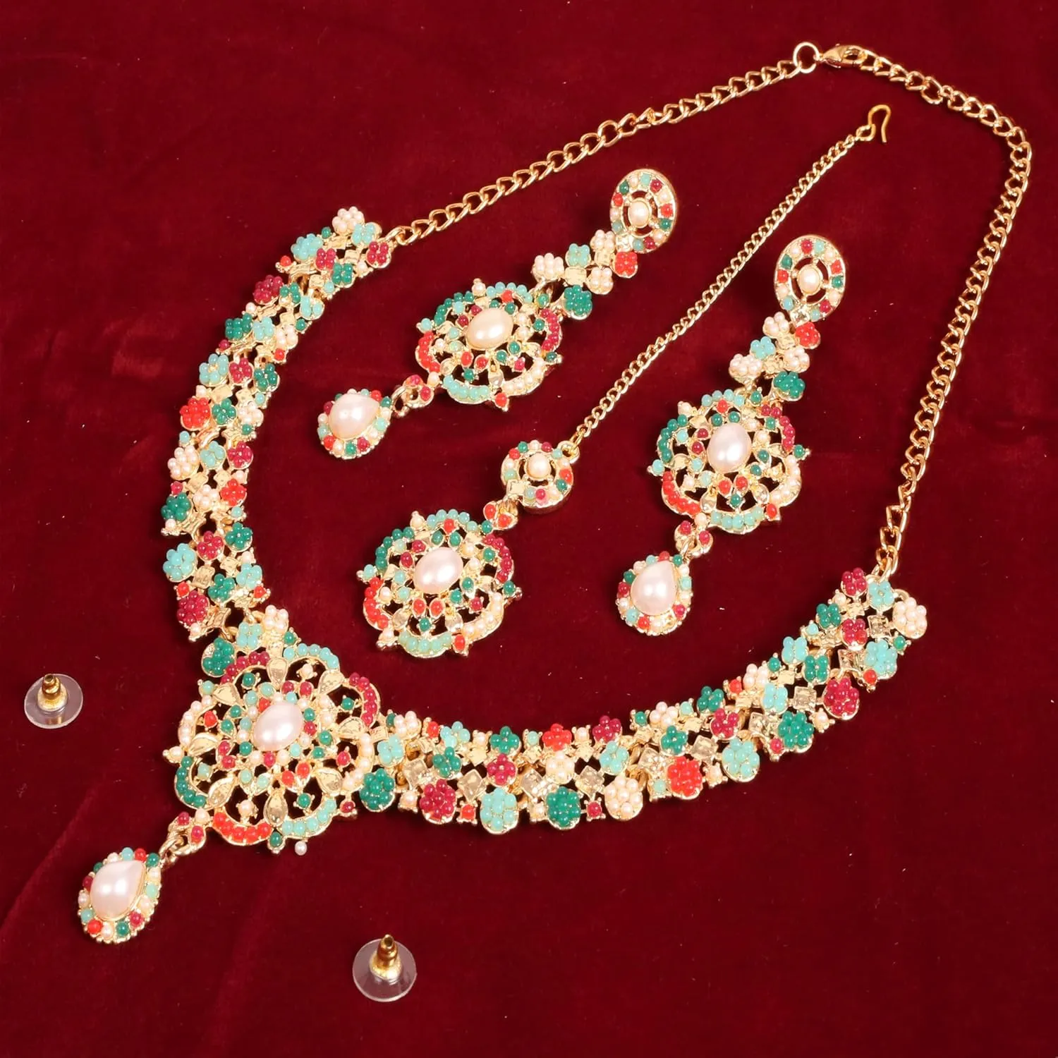 Touchstone Indian Bollywood Desire Enchanting Floral Diamond Studded Look Rhinestone Bridal Designer Jewelry Necklace Set In Gold or White Tone For Women.