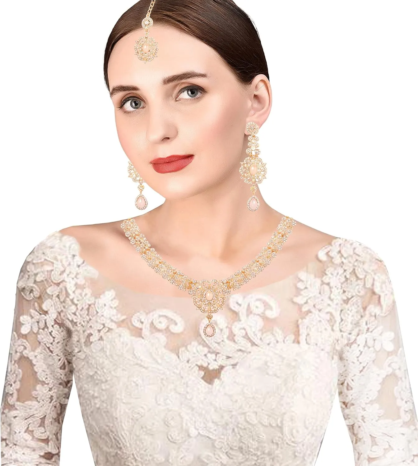Touchstone Indian Bollywood Desire Enchanting Floral Diamond Studded Look Rhinestone Bridal Designer Jewelry Necklace Set In Gold or White Tone For Women.