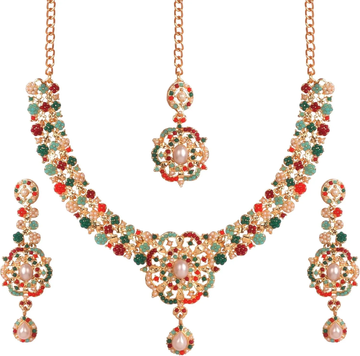 Touchstone Indian Bollywood Desire Enchanting Floral Diamond Studded Look Rhinestone Bridal Designer Jewelry Necklace Set In Gold or White Tone For Women.