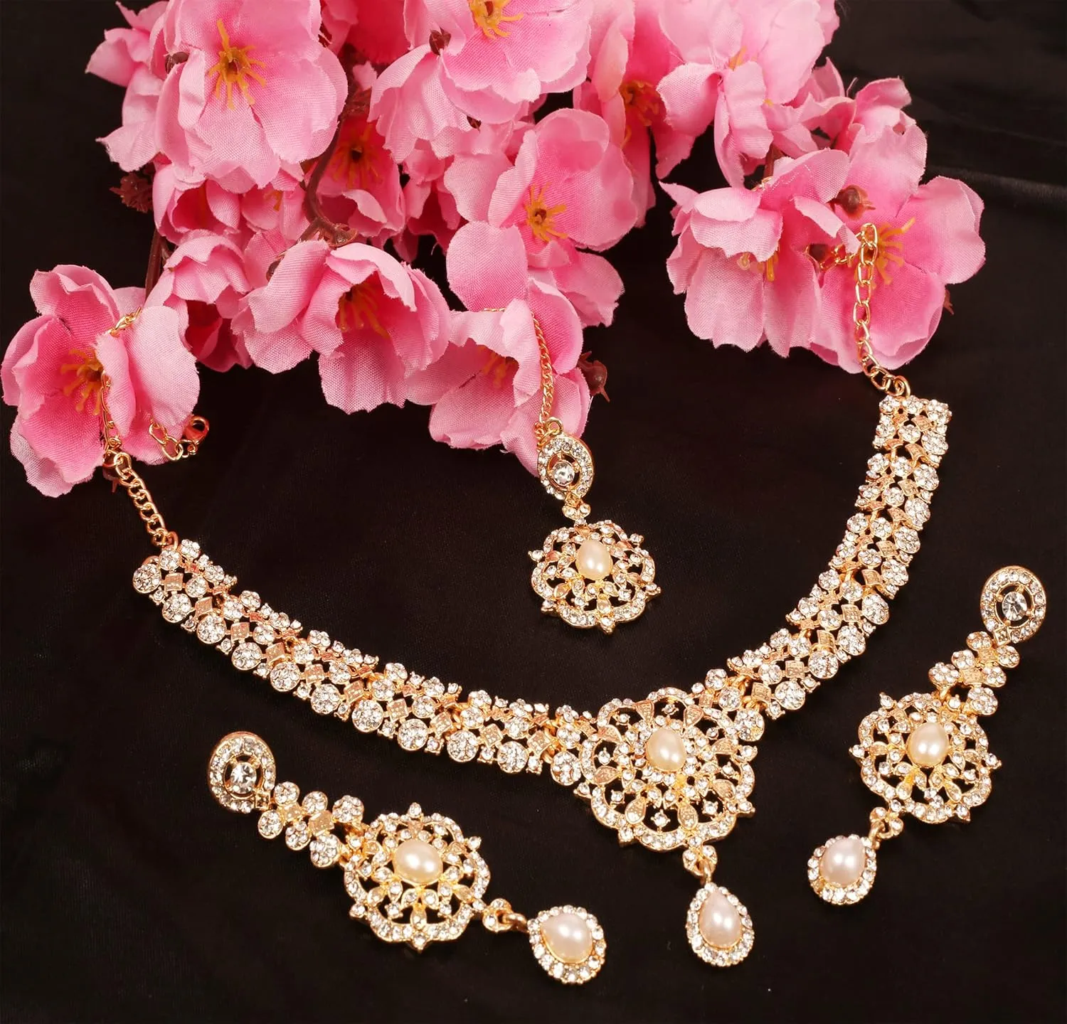 Touchstone Indian Bollywood Desire Enchanting Floral Diamond Studded Look Rhinestone Bridal Designer Jewelry Necklace Set In Gold or White Tone For Women.