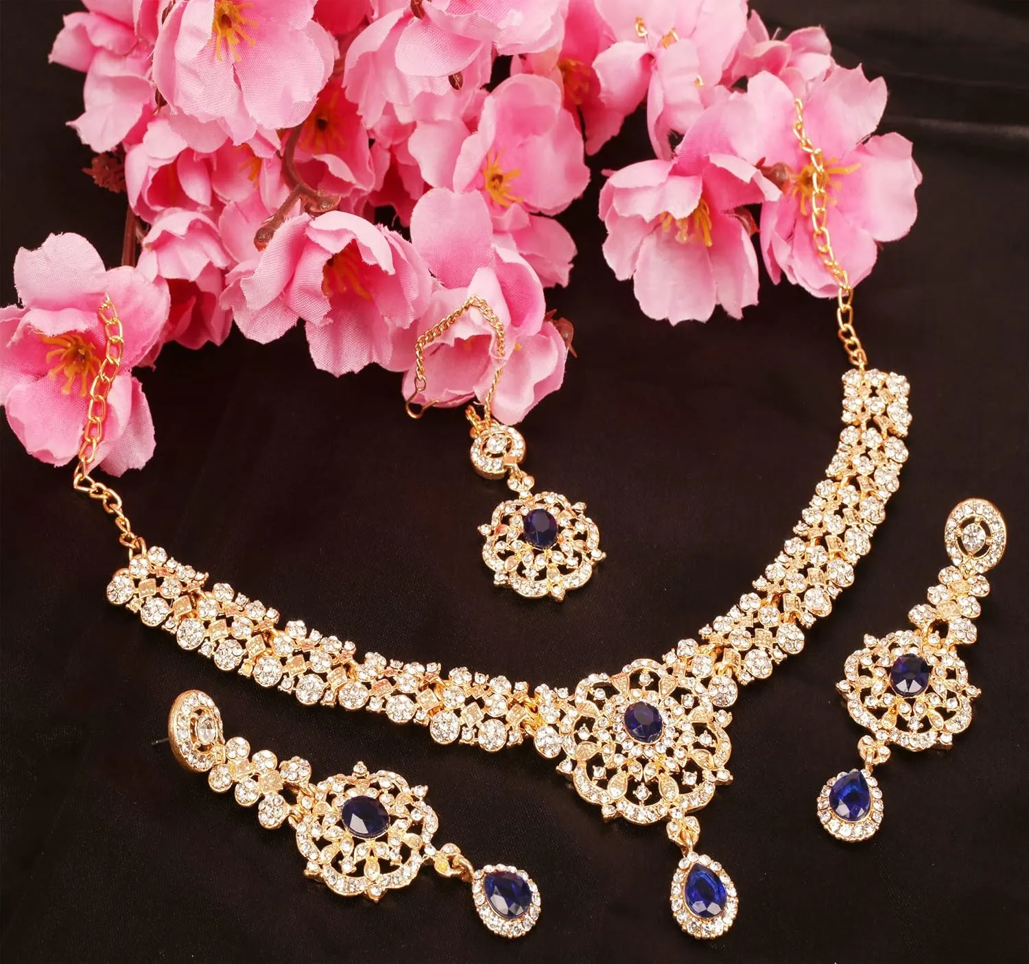Touchstone Indian Bollywood Desire Enchanting Floral Diamond Studded Look Rhinestone Bridal Designer Jewelry Necklace Set In Gold or White Tone For Women.