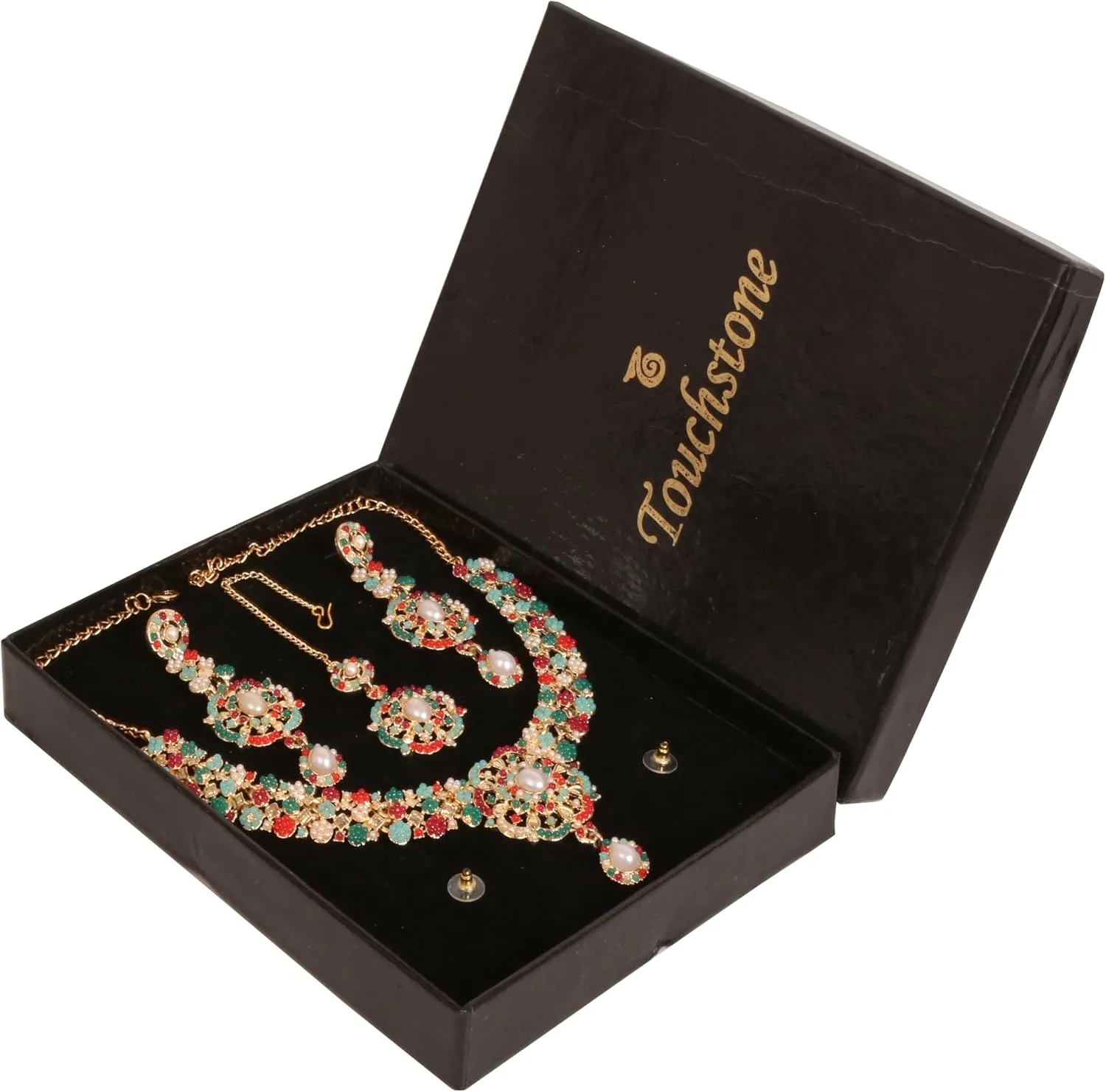 Touchstone Indian Bollywood Desire Enchanting Floral Diamond Studded Look Rhinestone Bridal Designer Jewelry Necklace Set In Gold or White Tone For Women.