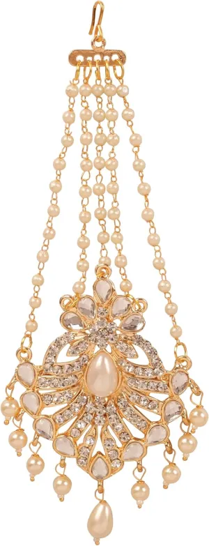 Touchstone Indian Bollywood Handcrafted Filigree Magical Look Rhinestone Kundan Polki Look Faux Pearls Hangings Head Enhancing Bridal Designer Jewelry Jhoomer in Gold Tone for Women.