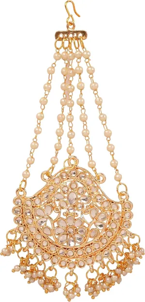 Touchstone Indian Bollywood Pretty Magical Floral Handcrafted Indian Mughal Kundan Look Faux Pearls Hangings Head Enhancing Bridal Designer Jewelry Jhoomer In Gold Tone For Women. EUJH-005-0