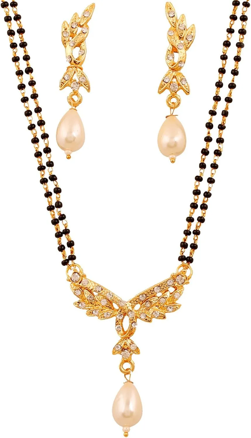 Touchstone Indian Bollywood Style Rhinestone Zirconia CZs Black Beads Symbolic Designer Jewelry Mangalsutra Set in Gold Or White Tone for Women.