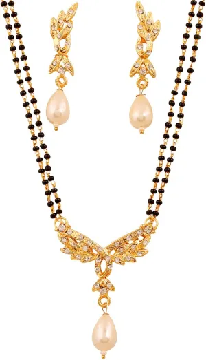 Touchstone Indian Bollywood Style Rhinestone Zirconia CZs Black Beads Symbolic Designer Jewelry Mangalsutra Set in Gold Or White Tone for Women.