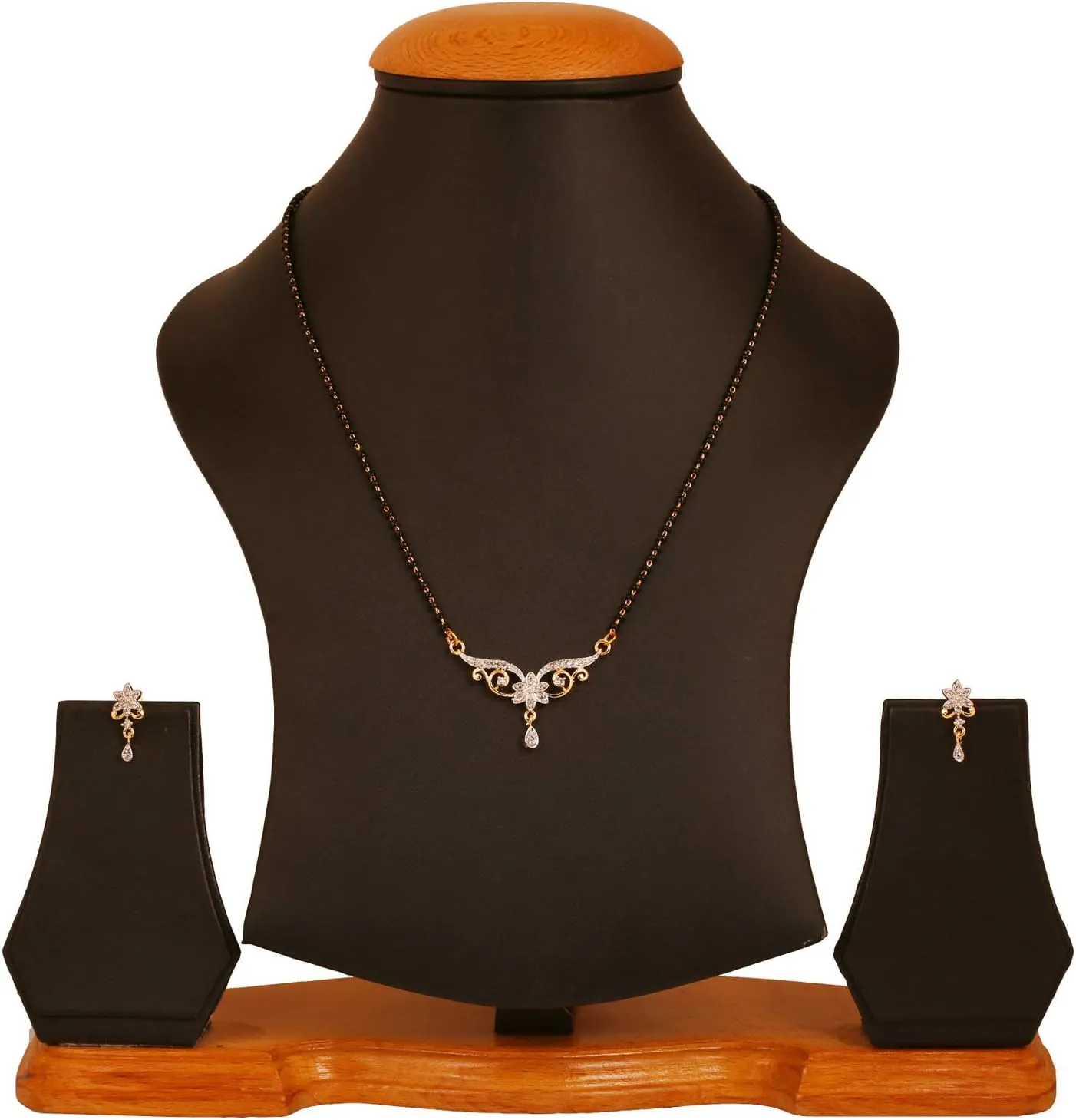 Touchstone Indian Bollywood Style Rhinestone Zirconia CZs Black Beads Symbolic Designer Jewelry Mangalsutra Set in Gold Or White Tone for Women.
