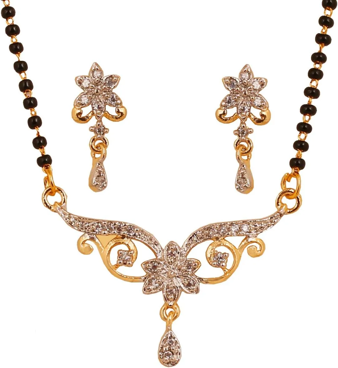 Touchstone Indian Bollywood Style Rhinestone Zirconia CZs Black Beads Symbolic Designer Jewelry Mangalsutra Set in Gold Or White Tone for Women.