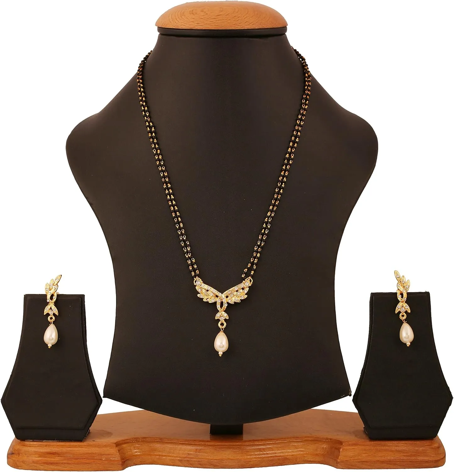 Touchstone Indian Bollywood Style Rhinestone Zirconia CZs Black Beads Symbolic Designer Jewelry Mangalsutra Set in Gold Or White Tone for Women.
