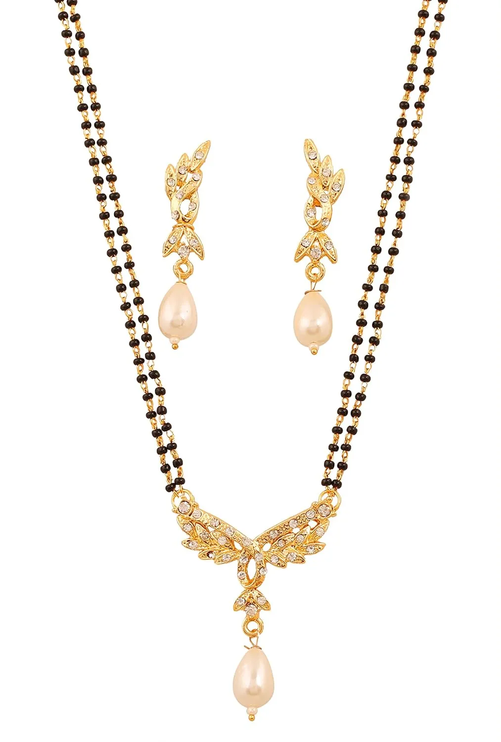 Touchstone Indian Bollywood Style Rhinestone Zirconia CZs Black Beads Symbolic Designer Jewelry Mangalsutra Set in Gold Or White Tone for Women.