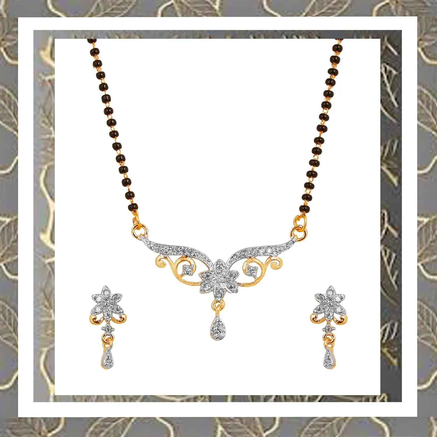 Touchstone Indian Bollywood Style Rhinestone Zirconia CZs Black Beads Symbolic Designer Jewelry Mangalsutra Set in Gold Or White Tone for Women.