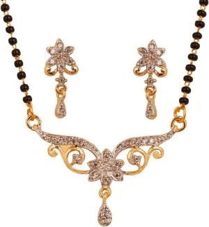 Touchstone Indian Bollywood Style Rhinestone Zirconia CZs Black Beads Symbolic Designer Jewelry Mangalsutra Set in Gold Or White Tone for Women.