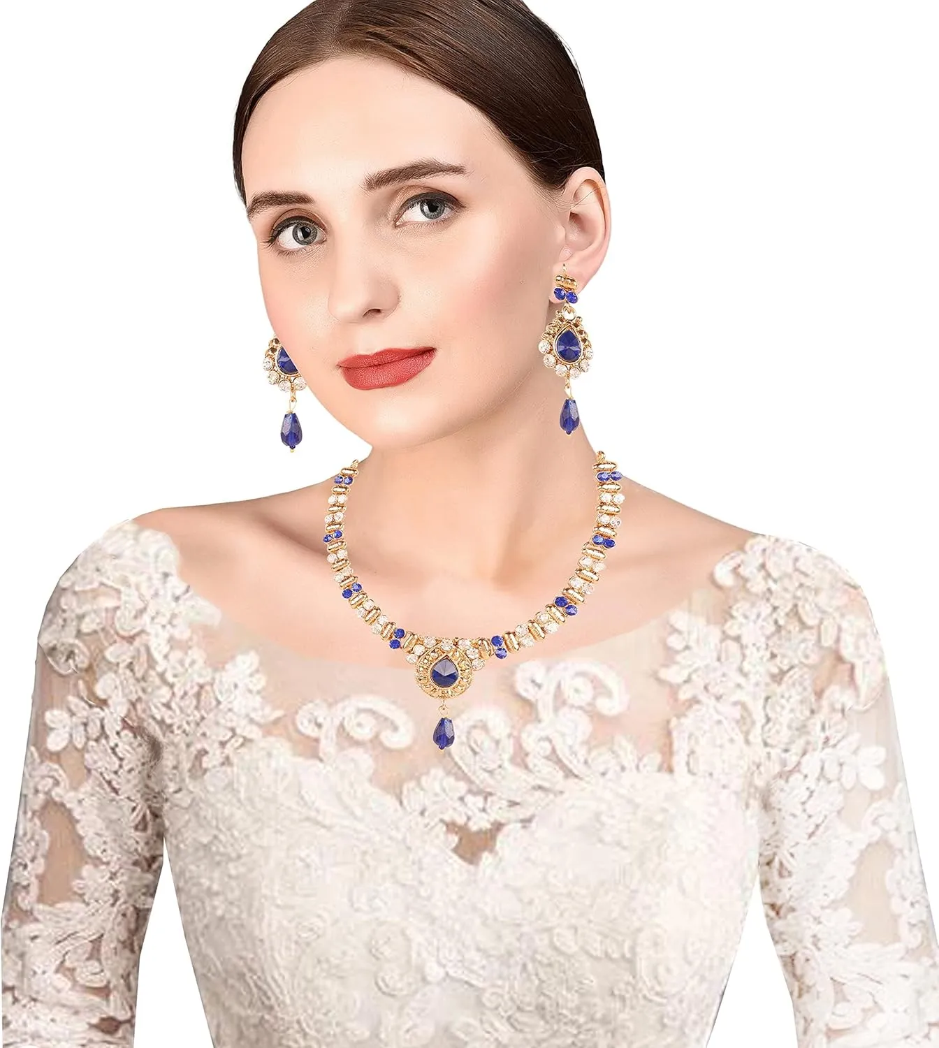 Touchstone Indian Bollywood Traditional Handcrafted Colourful Designer Jewelry Necklace Set In Antique Gold or White Tone For Women.
