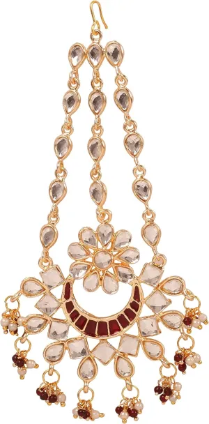 Touchstone Indian Bollywood Traditional Mughal Kundan Polki Magical Exotic Meenakari Enamel Chaandbaali Faux Pearls Beads Head Enhancing Bridal Designer Jewelry Jhoomer In Gold Tone For Women.