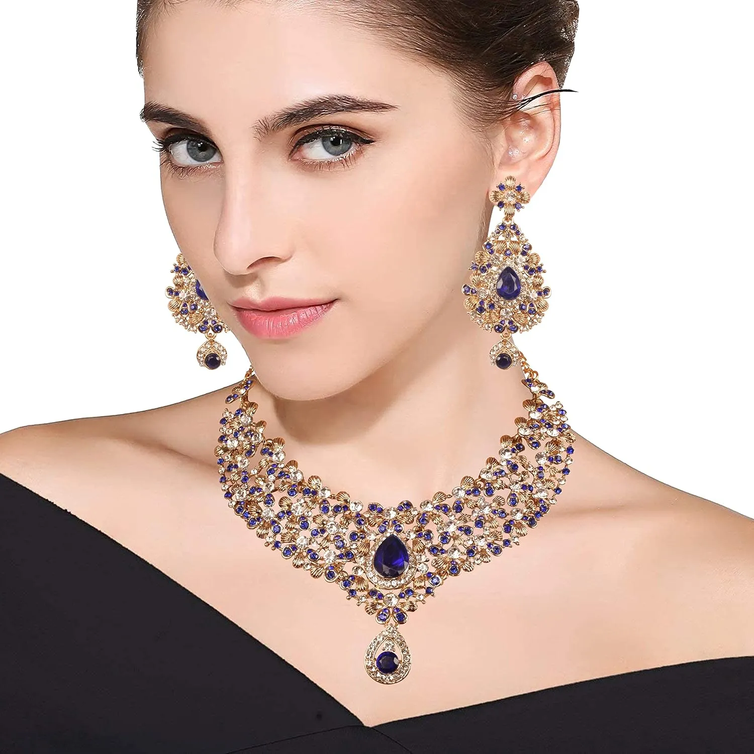 Touchstone Indian Bollywood Traditional Rhinestone Bridal Designer Jewelry Necklace Set for Women in Antique Gold or White Tone.
