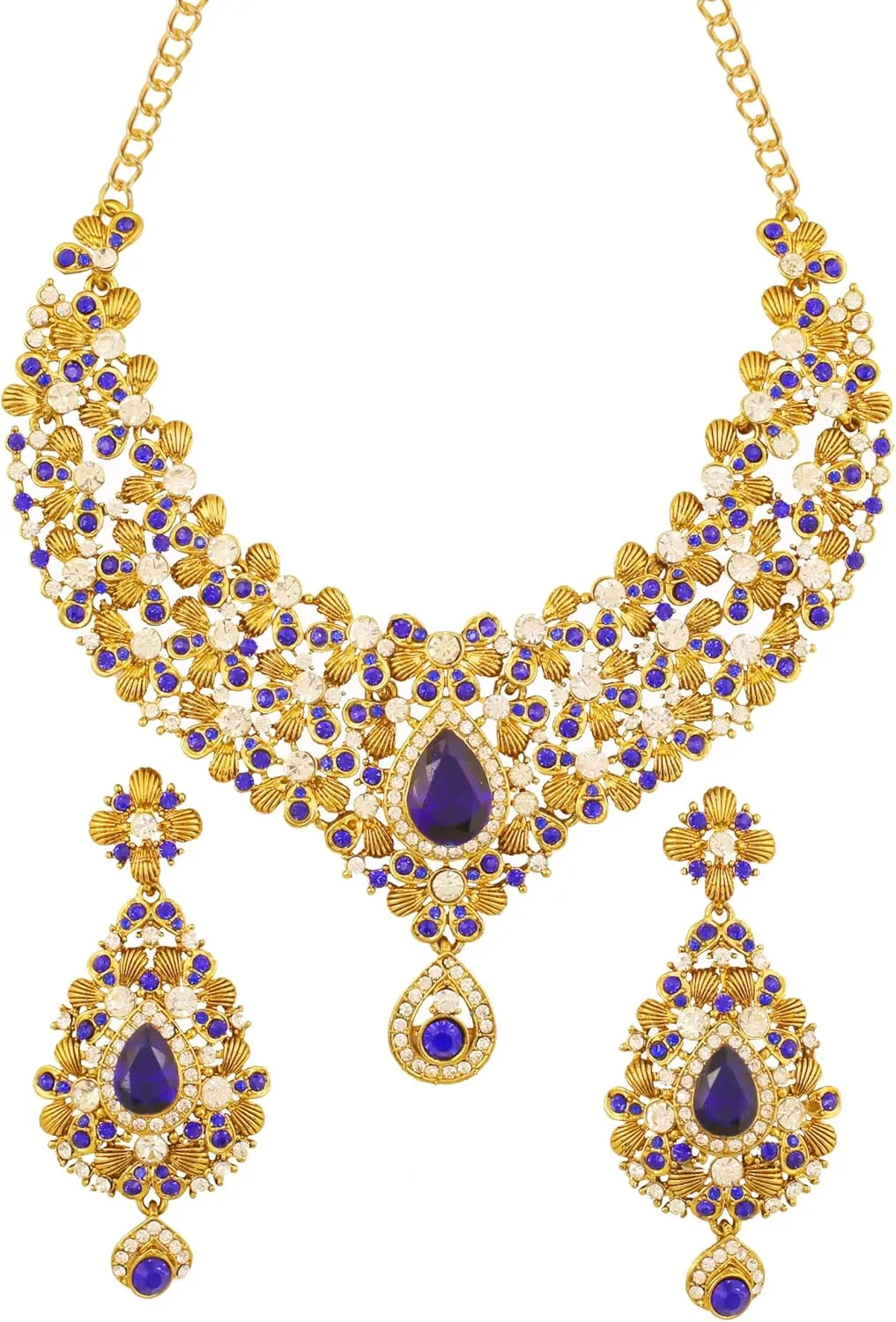 Touchstone Indian Bollywood Traditional Rhinestone Bridal Designer Jewelry Necklace Set for Women in Antique Gold or White Tone.