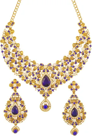 Touchstone Indian Bollywood Traditional Rhinestone Bridal Designer Jewelry Necklace Set for Women in Antique Gold or White Tone.