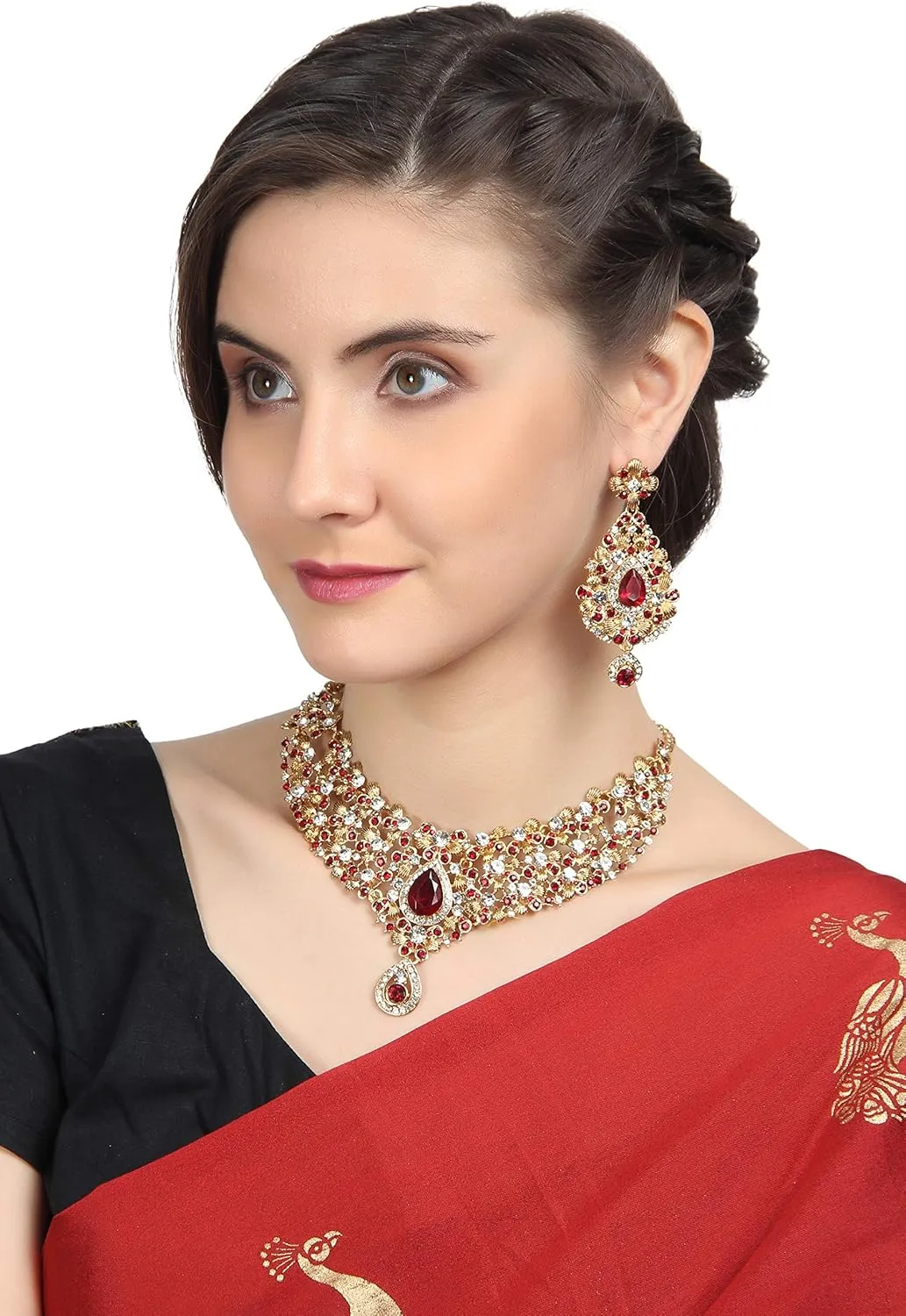 Touchstone Indian Bollywood Traditional Rhinestone Bridal Designer Jewelry Necklace Set for Women in Antique Gold or White Tone.