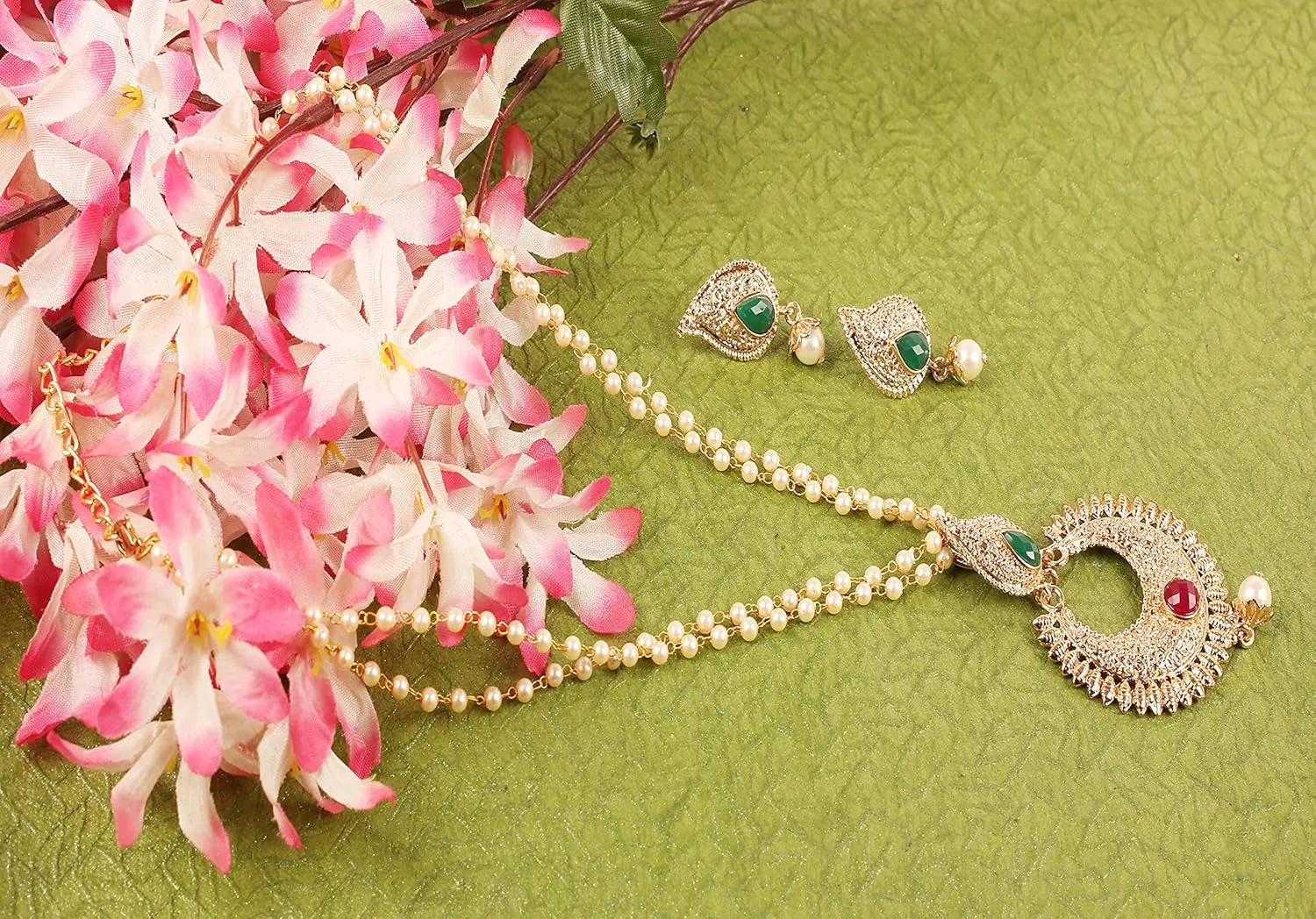 Touchstone Indian Bollywood Traditional Studded Style Designer Jewelry Pendant Set in Gold Tone for Women.