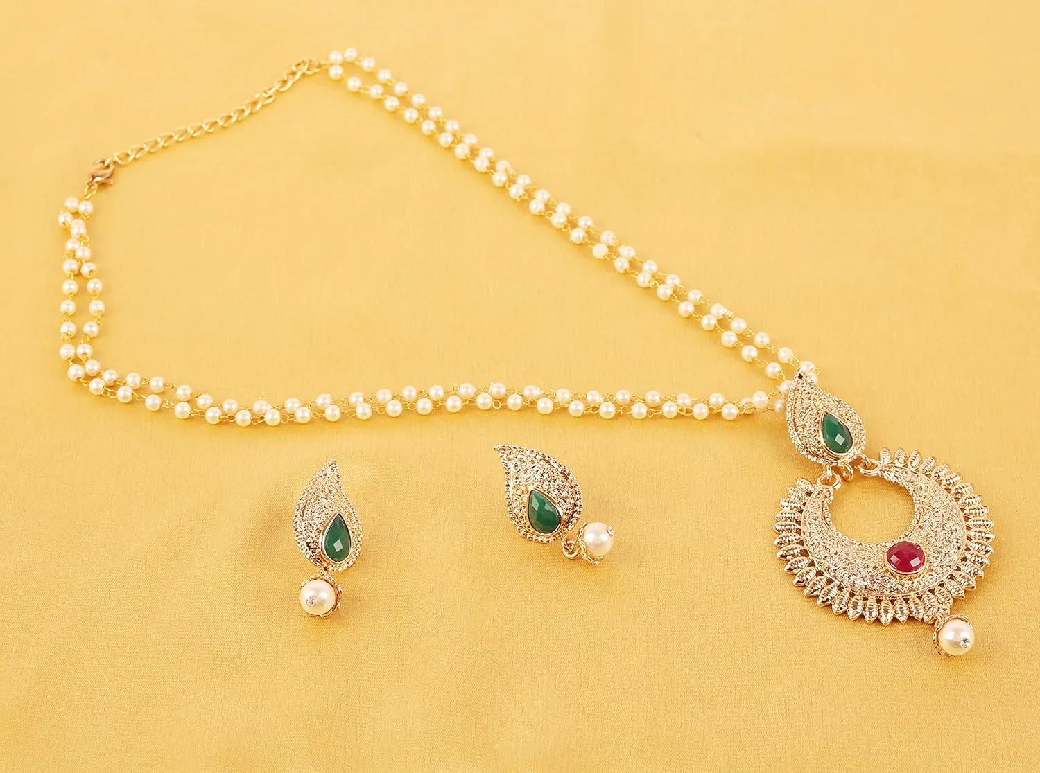 Touchstone Indian Bollywood Traditional Studded Style Designer Jewelry Pendant Set in Gold Tone for Women.