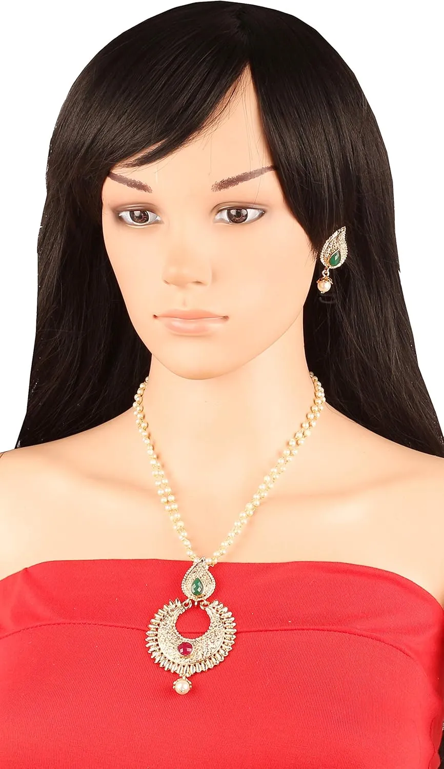 Touchstone Indian Bollywood Traditional Studded Style Designer Jewelry Pendant Set in Gold Tone for Women.