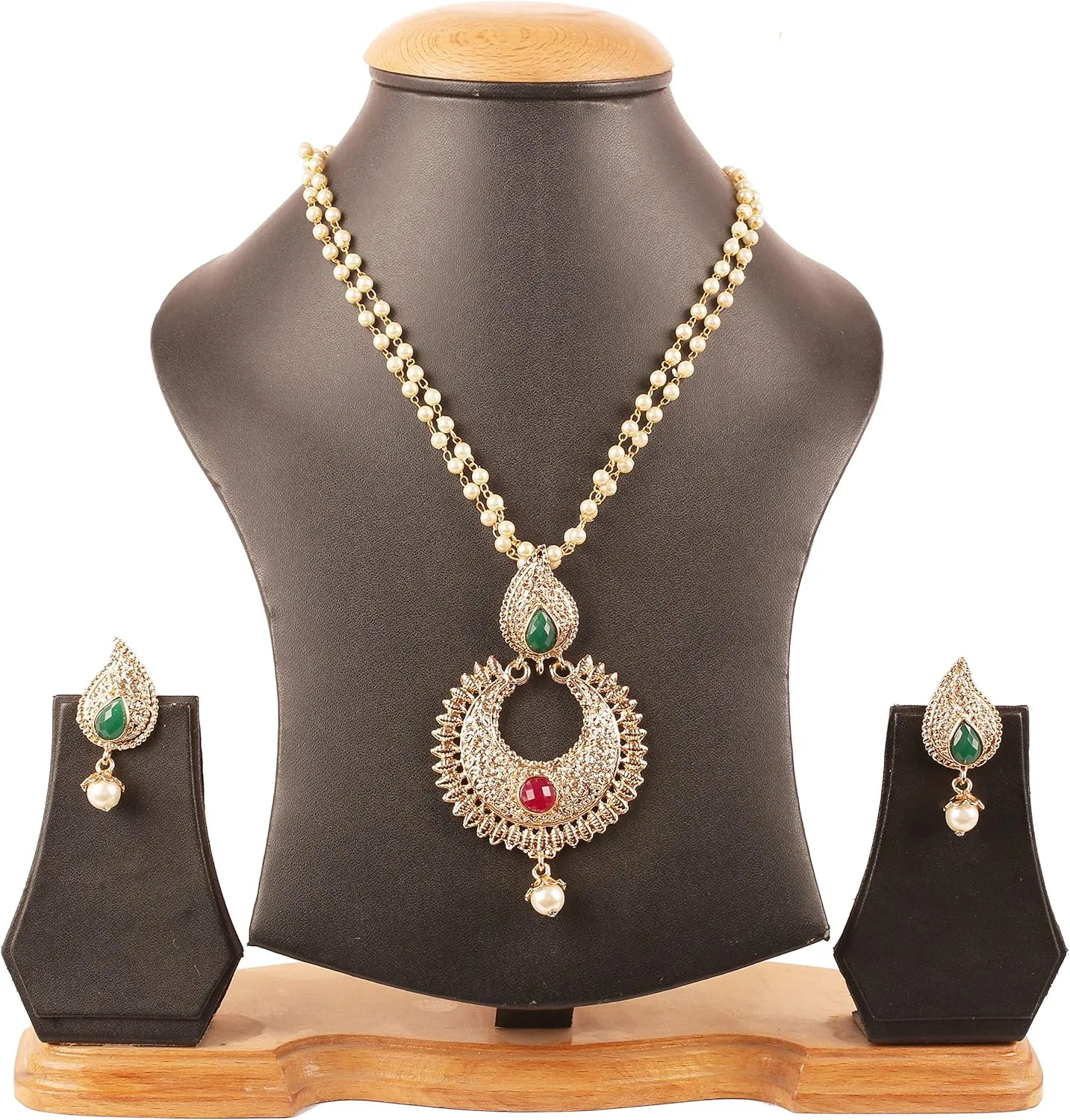 Touchstone Indian Bollywood Traditional Studded Style Designer Jewelry Pendant Set in Gold Tone for Women.