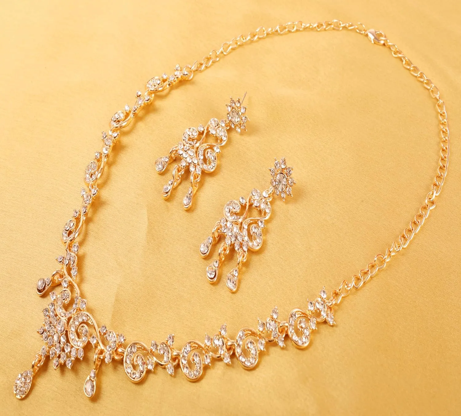 Touchstone Indian Bollywood Traditional Style Rhinestone Designer Jewelry Necklace Set in Gold Or White Tone for Women.
