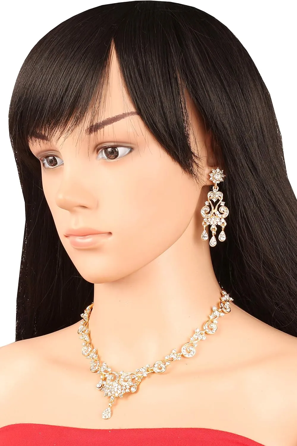 Touchstone Indian Bollywood Traditional Style Rhinestone Designer Jewelry Necklace Set in Gold Or White Tone for Women.