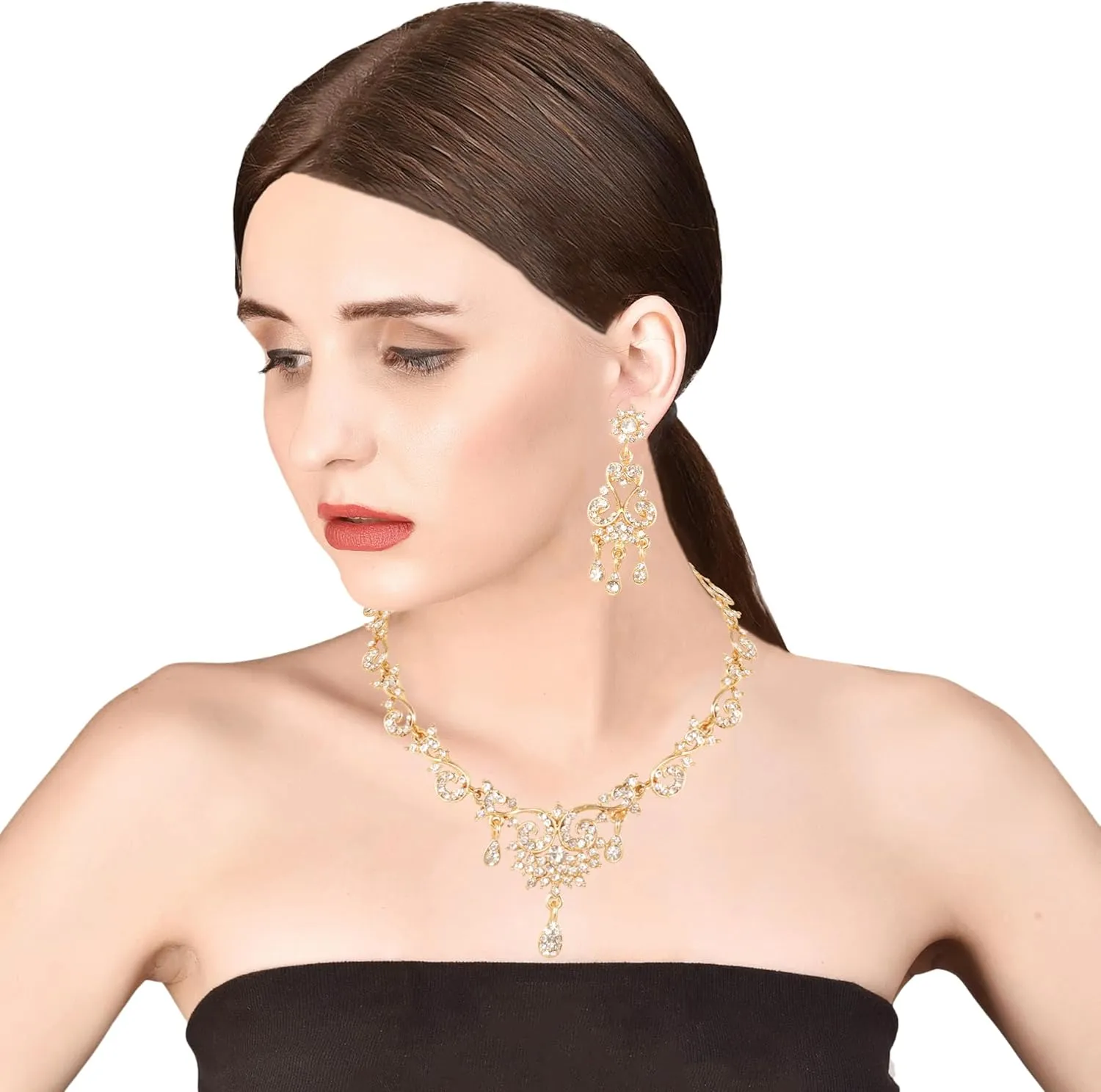 Touchstone Indian Bollywood Traditional Style Rhinestone Designer Jewelry Necklace Set in Gold Or White Tone for Women.