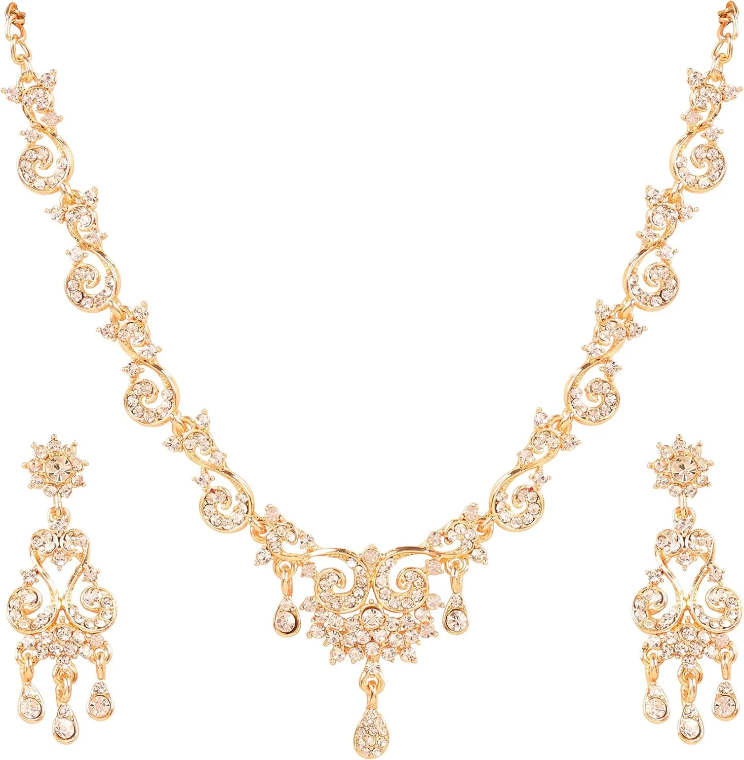Touchstone Indian Bollywood Traditional Style Rhinestone Designer Jewelry Necklace Set in Gold Or White Tone for Women.