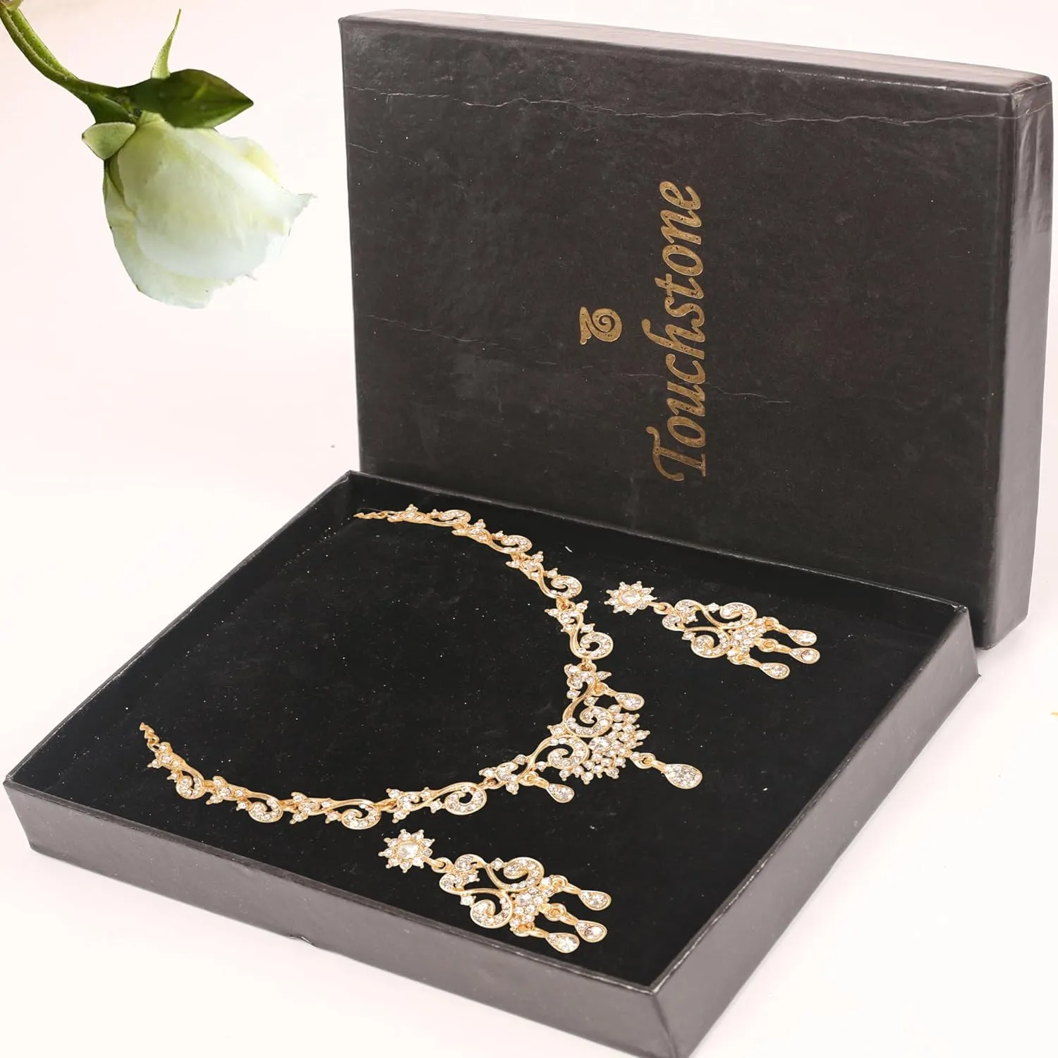 Touchstone Indian Bollywood Traditional Style Rhinestone Designer Jewelry Necklace Set in Gold Or White Tone for Women.