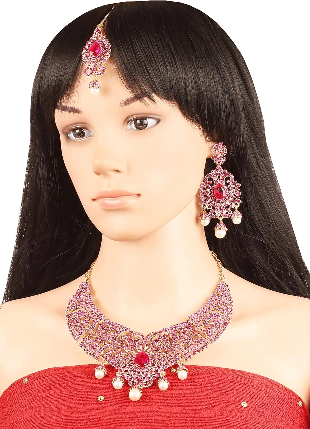 Touchstone Indian jewelry bollywood for women statement necklace sets wedding royal bridal ornaments big large matha tikka statement rajasthani mangtika traditional in antique gold or white tone