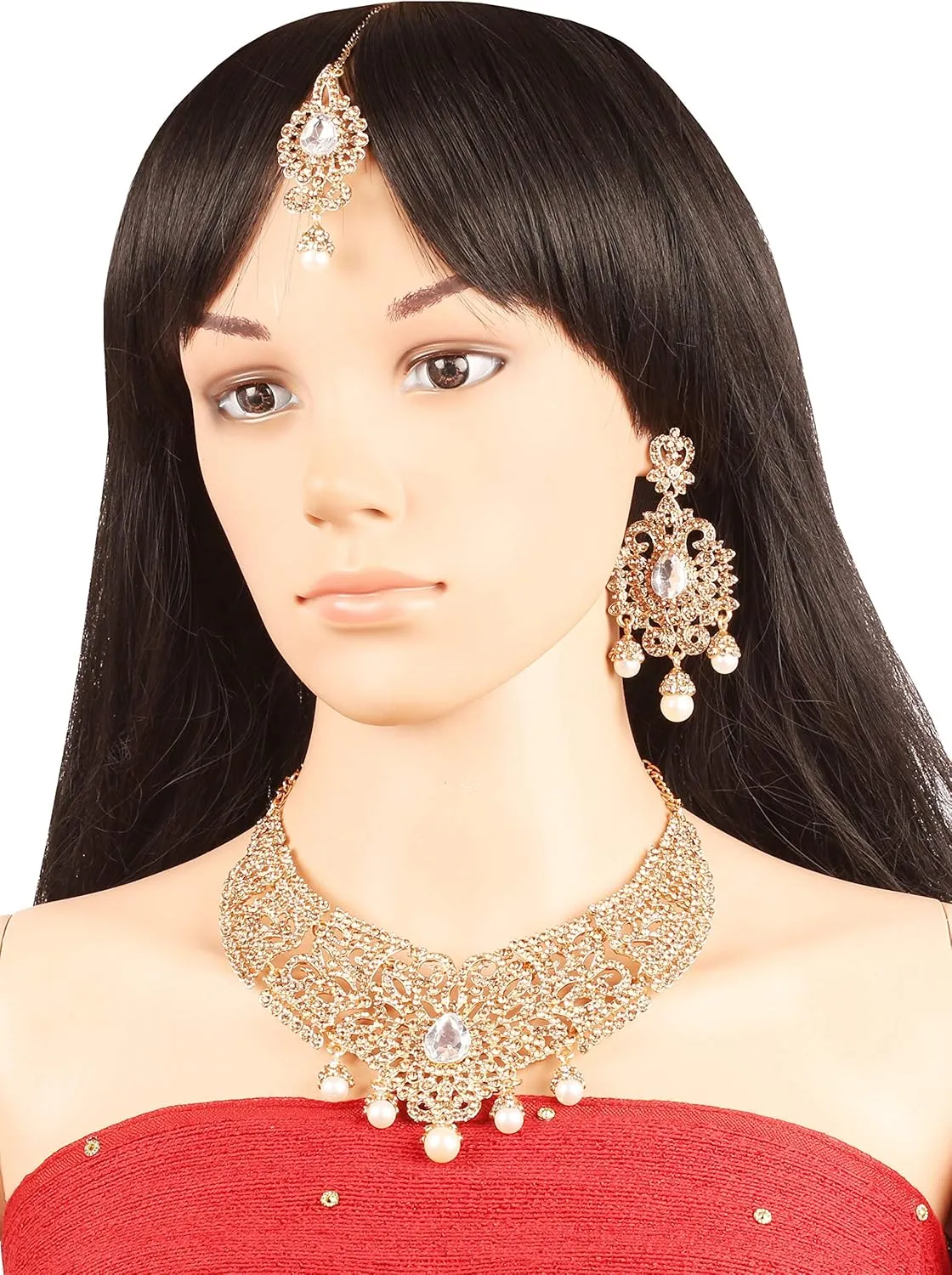 Touchstone Indian jewelry bollywood for women statement necklace sets wedding royal bridal ornaments big large matha tikka statement rajasthani mangtika traditional in antique gold or white tone