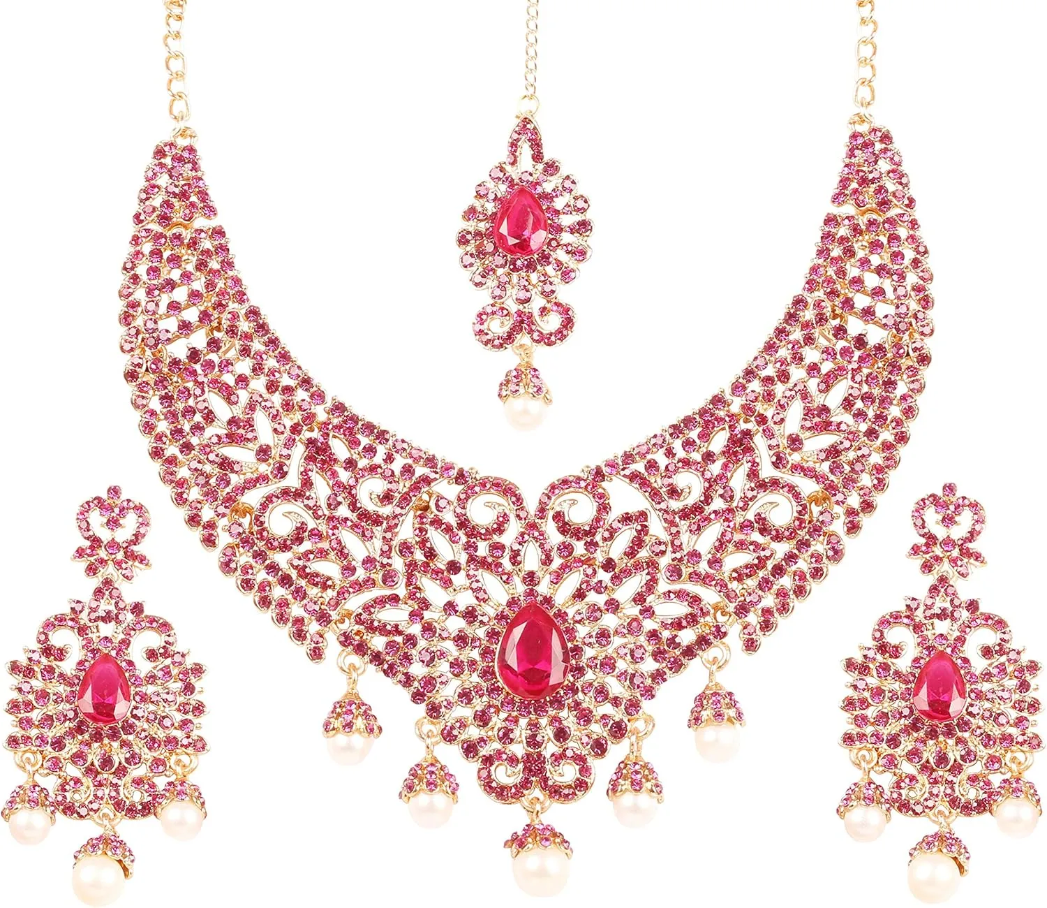 Touchstone Indian jewelry bollywood for women statement necklace sets wedding royal bridal ornaments big large matha tikka statement rajasthani mangtika traditional in antique gold or white tone
