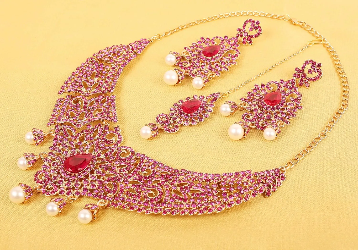 Touchstone Indian jewelry bollywood for women statement necklace sets wedding royal bridal ornaments big large matha tikka statement rajasthani mangtika traditional in antique gold or white tone