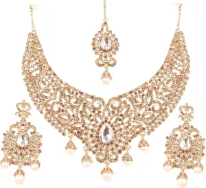 Touchstone Indian jewelry bollywood for women statement necklace sets wedding royal bridal ornaments big large matha tikka statement rajasthani mangtika traditional in antique gold or white tone