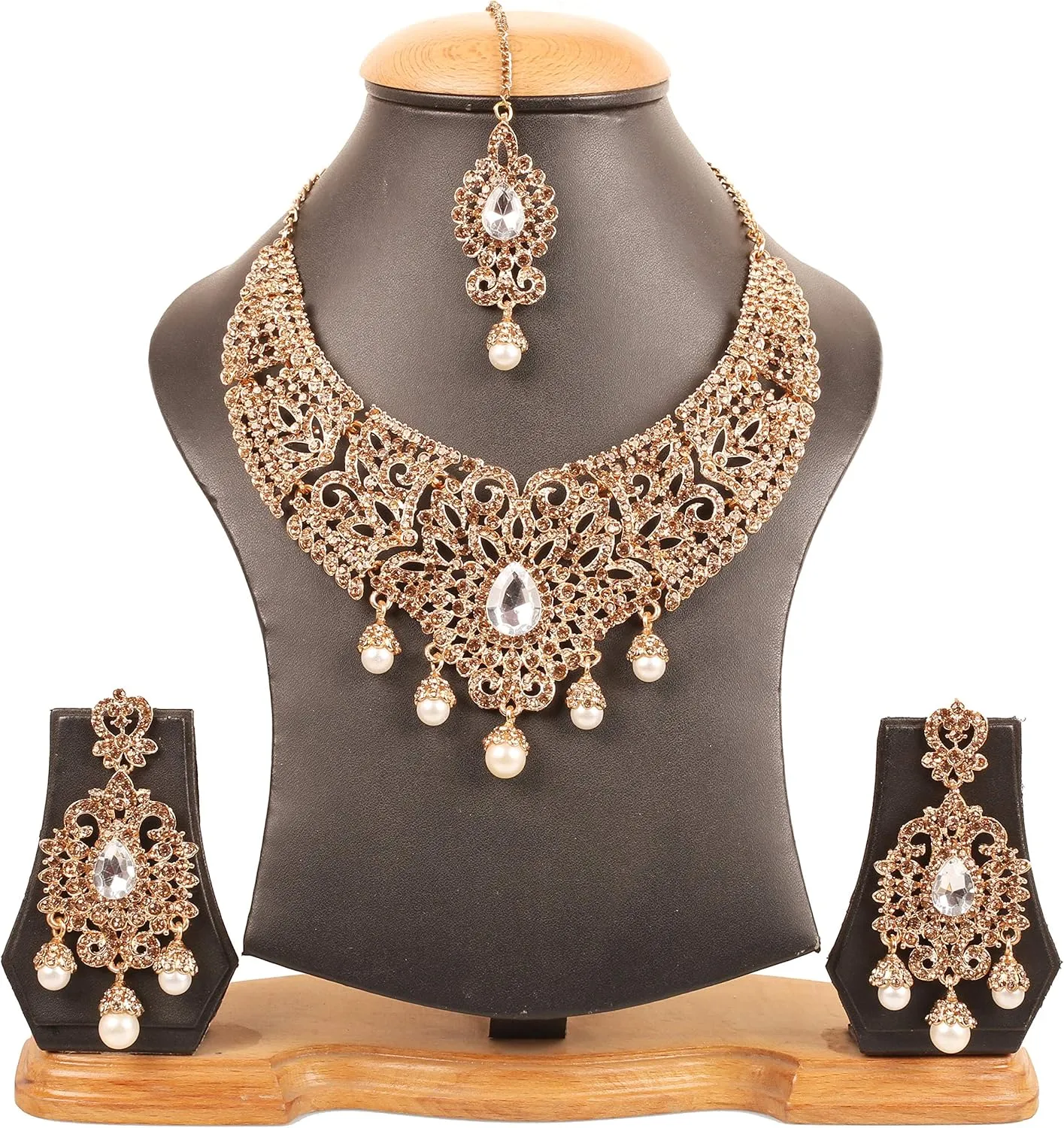 Touchstone Indian jewelry bollywood for women statement necklace sets wedding royal bridal ornaments big large matha tikka statement rajasthani mangtika traditional in antique gold or white tone