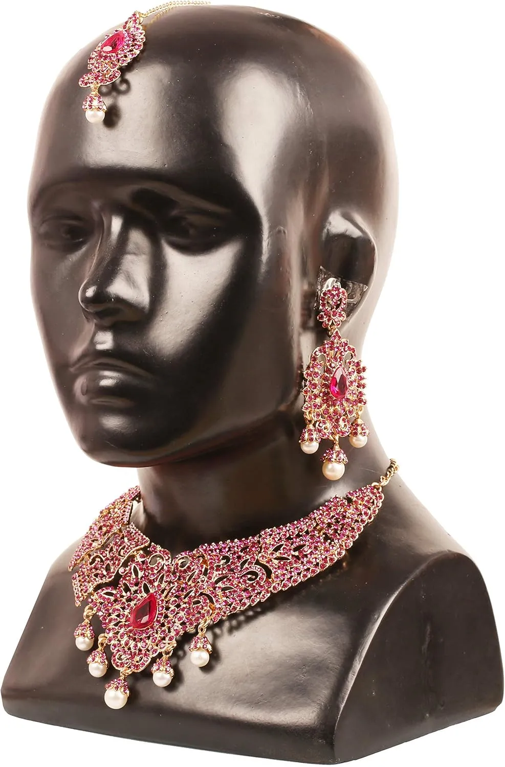 Touchstone Indian jewelry bollywood for women statement necklace sets wedding royal bridal ornaments big large matha tikka statement rajasthani mangtika traditional in antique gold or white tone