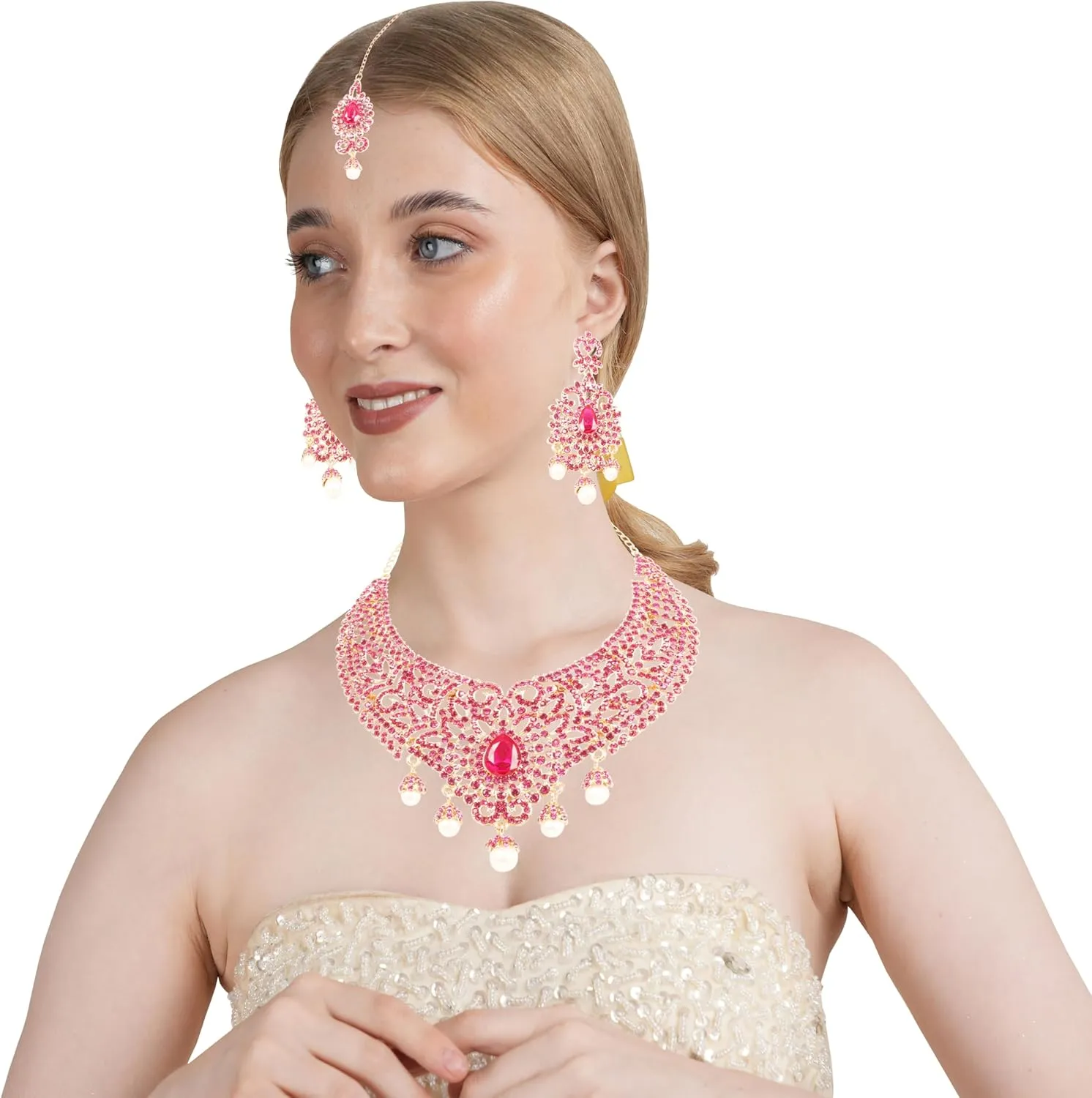 Touchstone Indian jewelry bollywood for women statement necklace sets wedding royal bridal ornaments big large matha tikka statement rajasthani mangtika traditional in antique gold or white tone