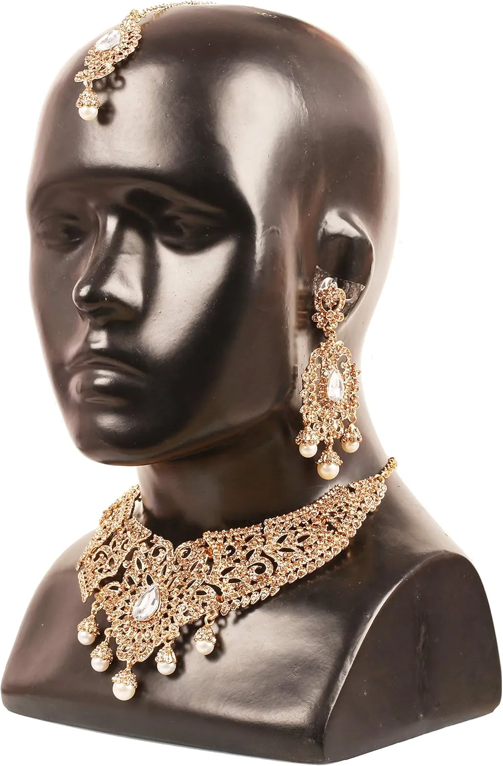 Touchstone Indian jewelry bollywood for women statement necklace sets wedding royal bridal ornaments big large matha tikka statement rajasthani mangtika traditional in antique gold or white tone