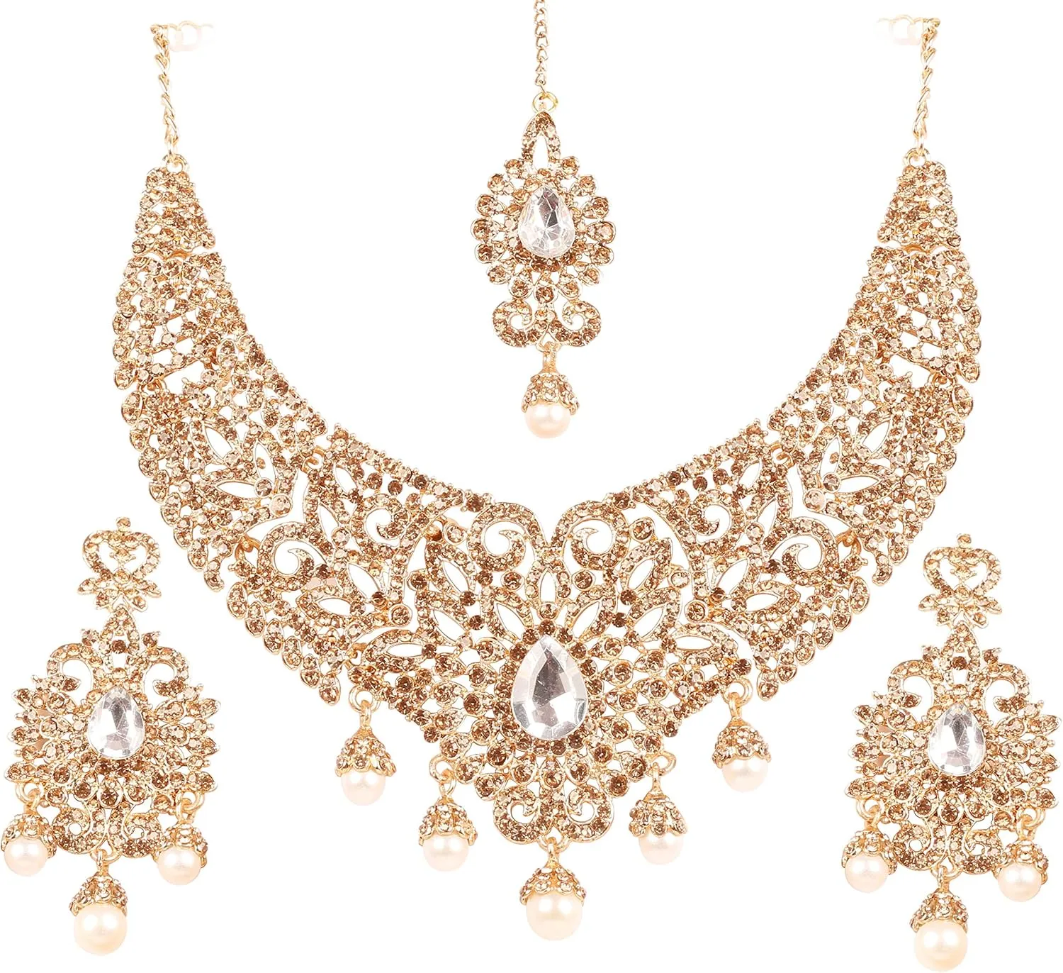 Touchstone Indian jewelry bollywood for women statement necklace sets wedding royal bridal ornaments big large matha tikka statement rajasthani mangtika traditional in antique gold or white tone
