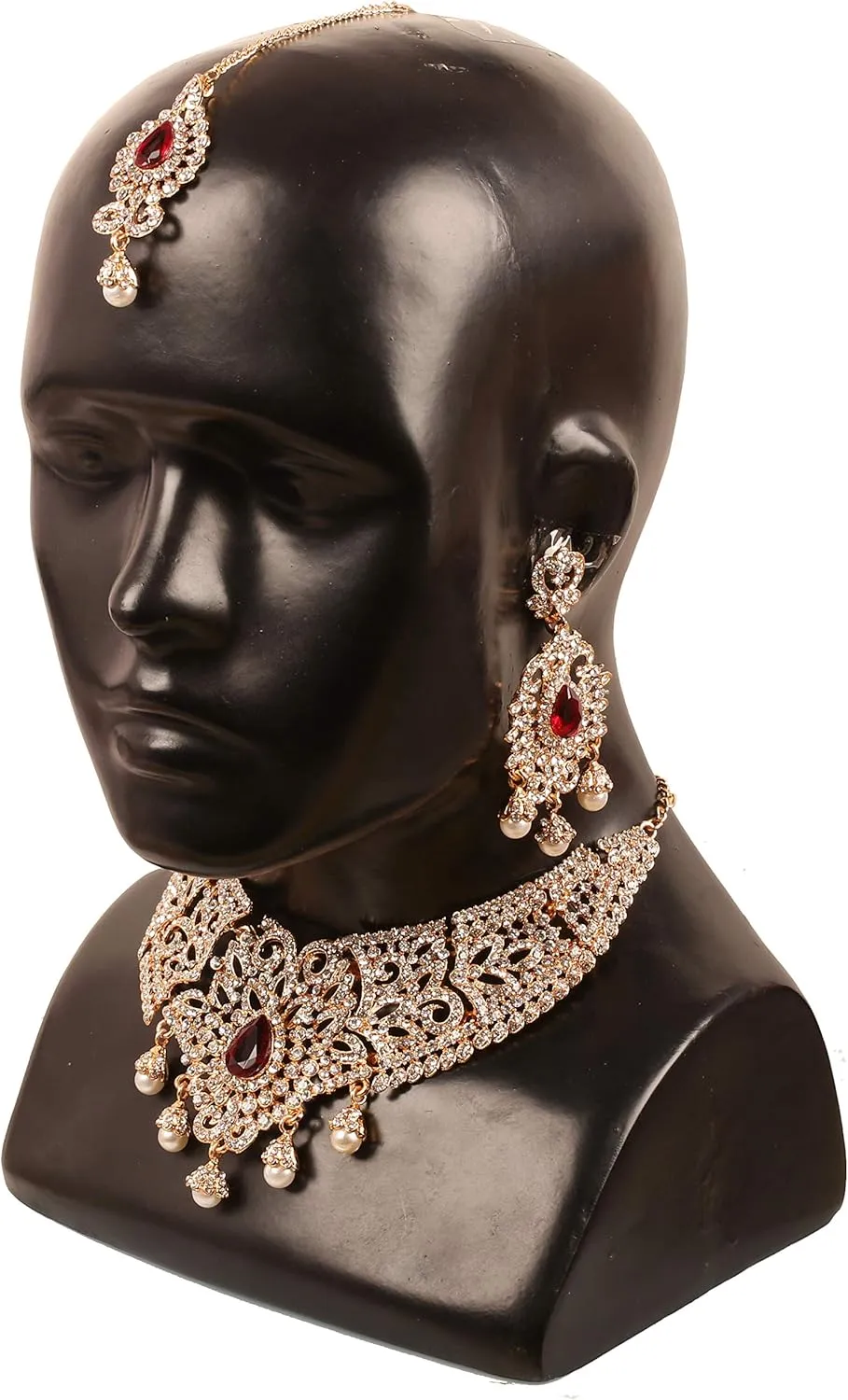 Touchstone Indian jewelry bollywood for women statement necklace sets wedding royal bridal ornaments big large matha tikka statement rajasthani mangtika traditional in antique gold or white tone
