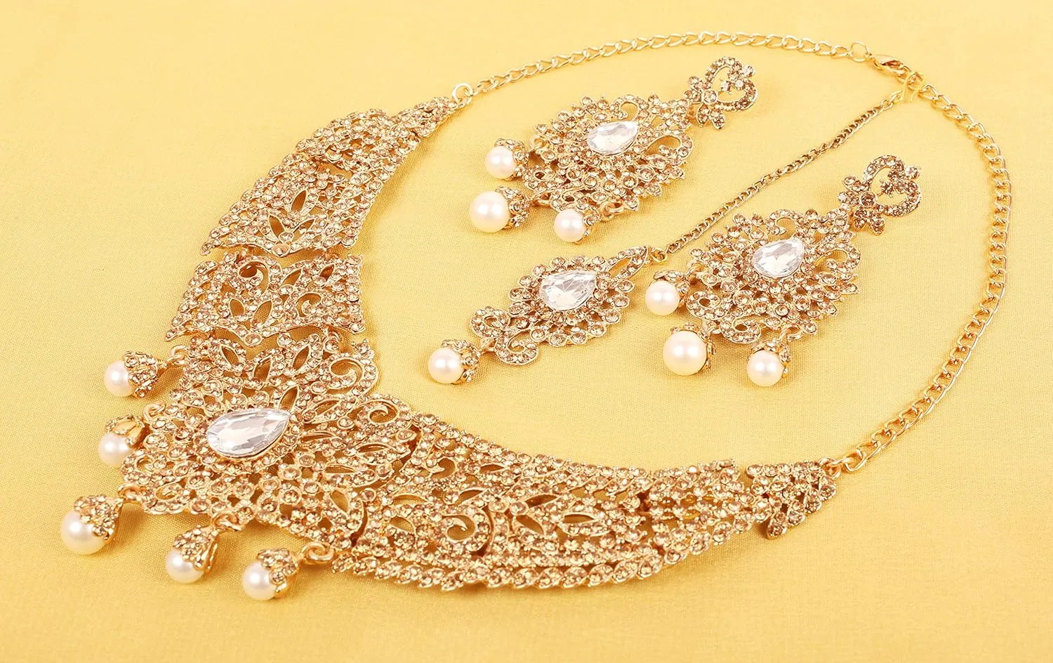 Touchstone Indian jewelry bollywood for women statement necklace sets wedding royal bridal ornaments big large matha tikka statement rajasthani mangtika traditional in antique gold or white tone