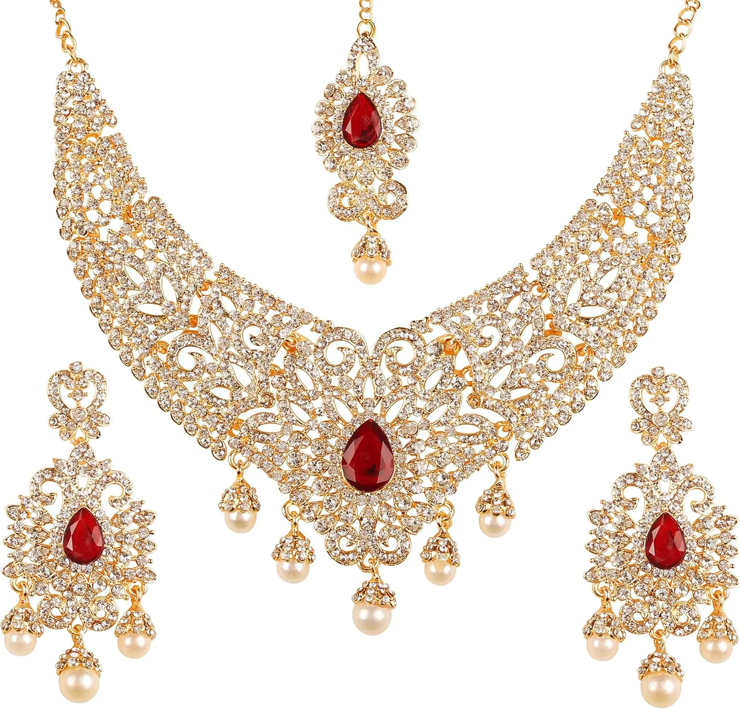 Touchstone Indian jewelry bollywood for women statement necklace sets wedding royal bridal ornaments big large matha tikka statement rajasthani mangtika traditional in antique gold or white tone