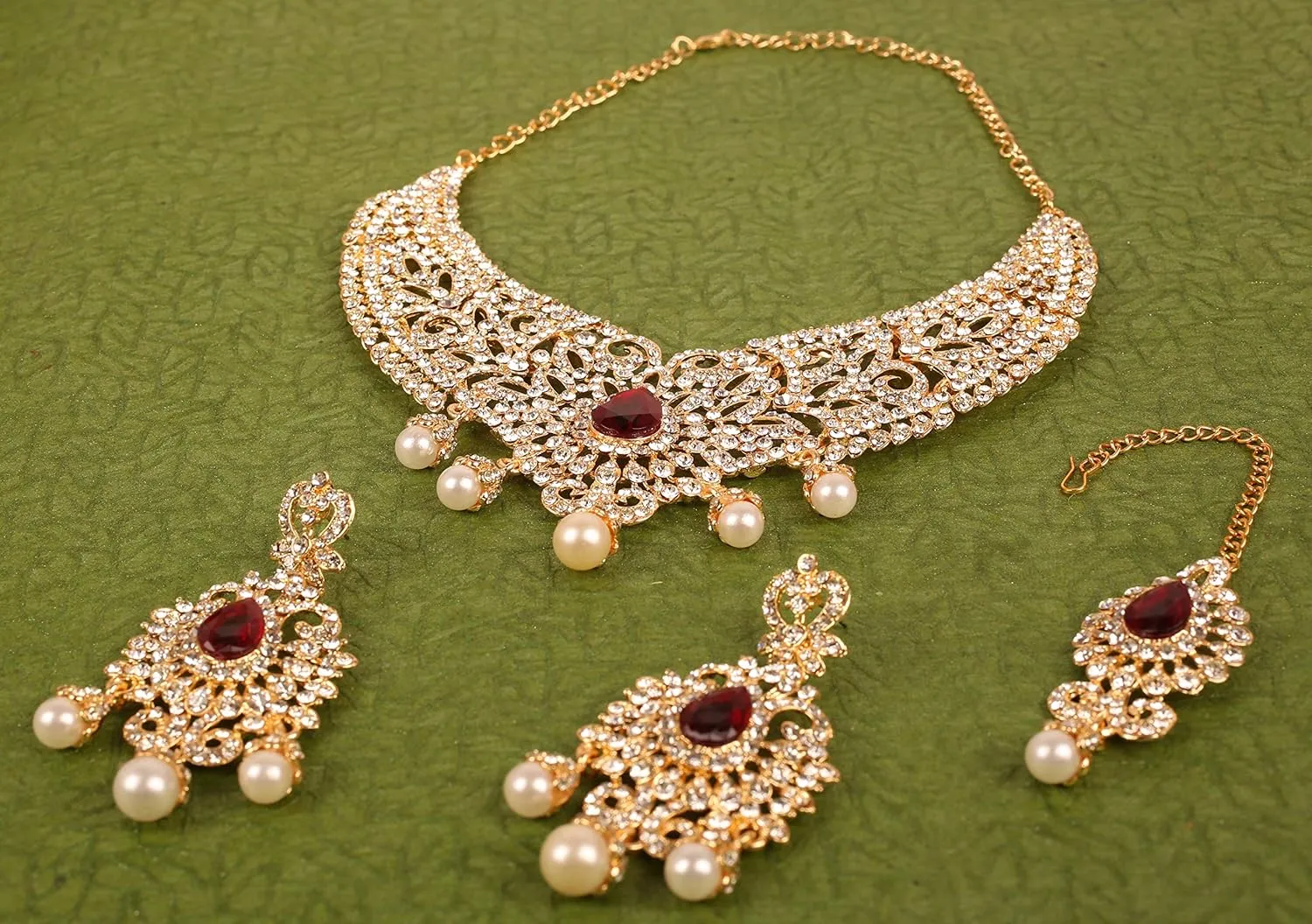 Touchstone Indian jewelry bollywood for women statement necklace sets wedding royal bridal ornaments big large matha tikka statement rajasthani mangtika traditional in antique gold or white tone